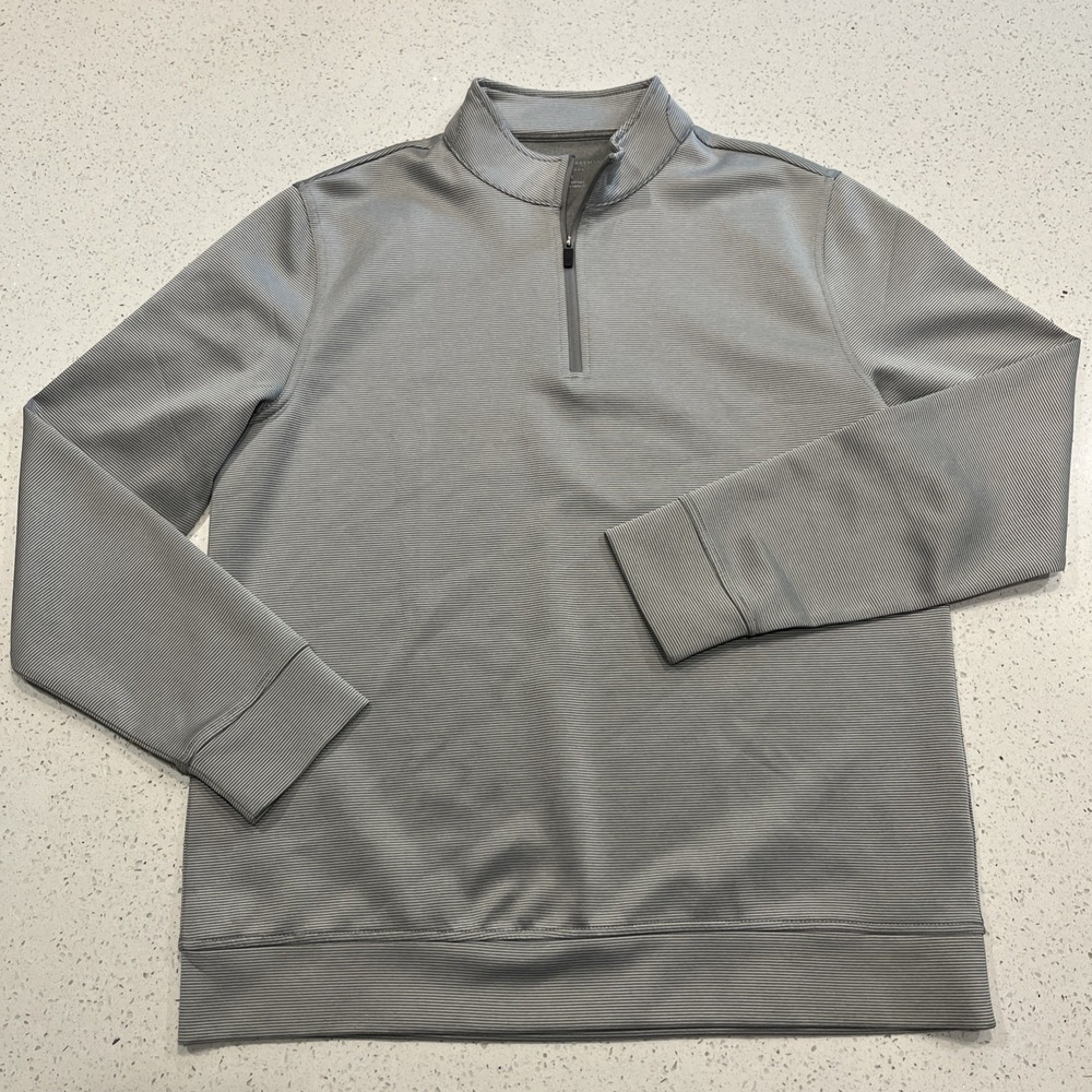 Hickey Freeman Men's 1/4 Zip Sweater Medium Gray Striped Pullover Polyester Golf